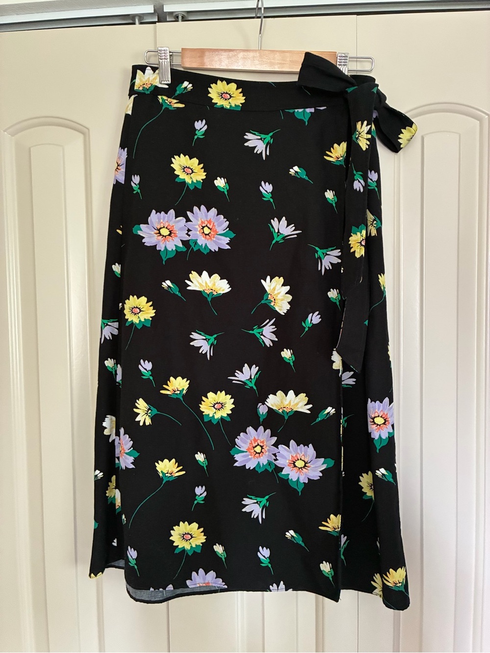 LOFT Black Wrap Midi Skirt with Yellow & Lavender Floral Print